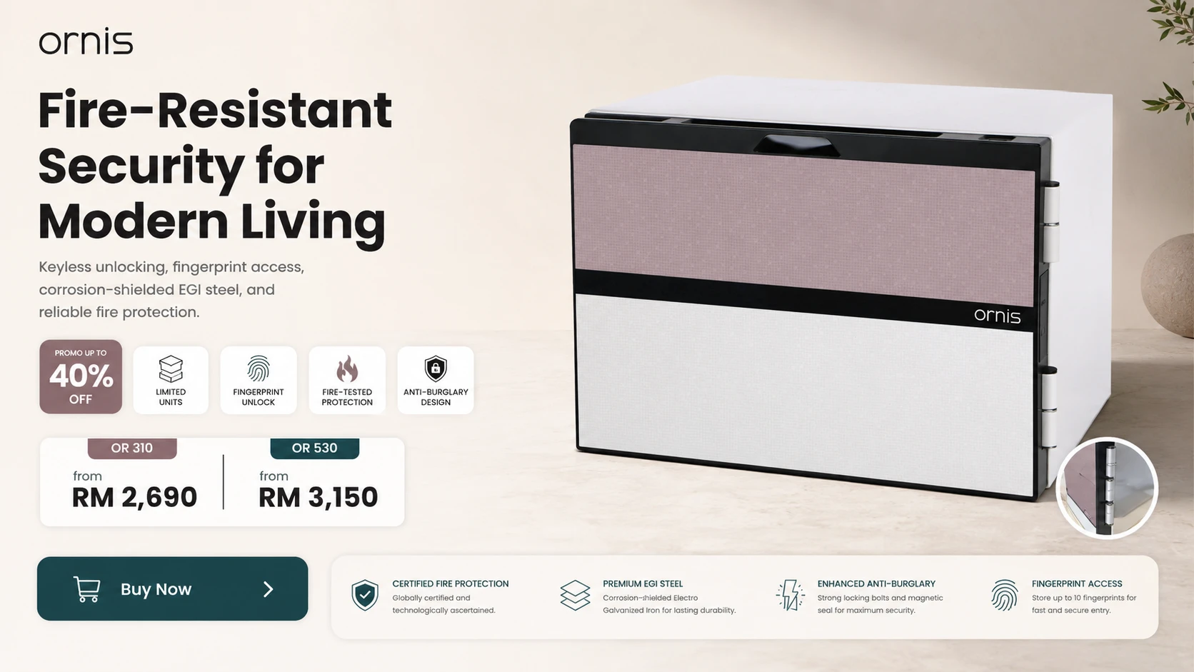 Ornis fire-resistant security safe hero showing keyless unlocking, fingerprint access, fire-tested protection, anti-burglary design, and OR 310 and OR 530 pricing.